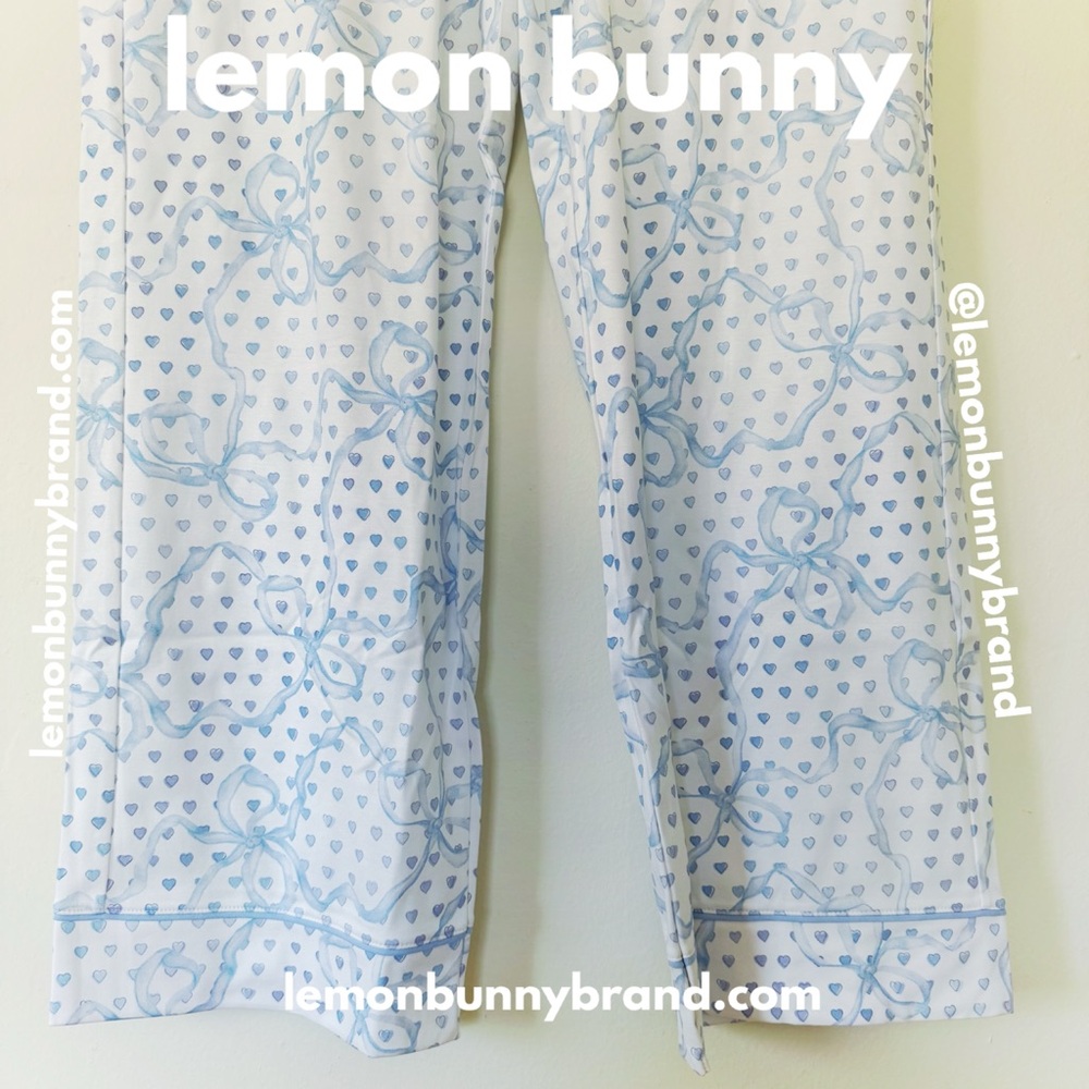 Roller Rabbit x LoveShackFancy Luna Bow Hearts Long Sleeve Polo Pajamas PaleBlue - Picture 9 of 15